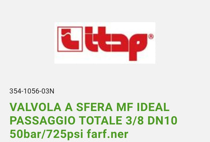 Valvola a Sfera MF 3/8 Ideal Pass. Tot. 50 bar/725 psi ITAP