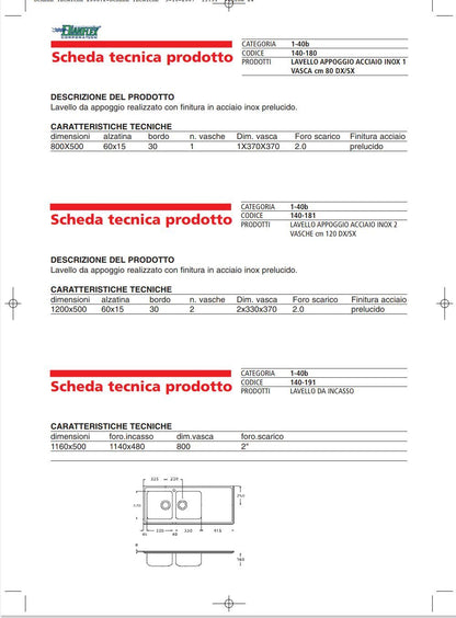 Lavello Appoggio Cm.120 DX Acciaio Inox Apell