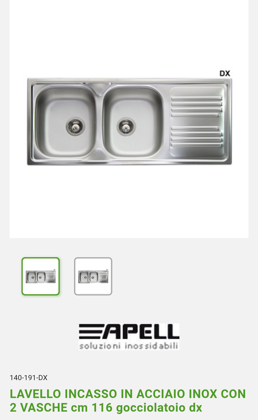 Lavello Incasso Cm.116 DX Acciaio Inox Apell