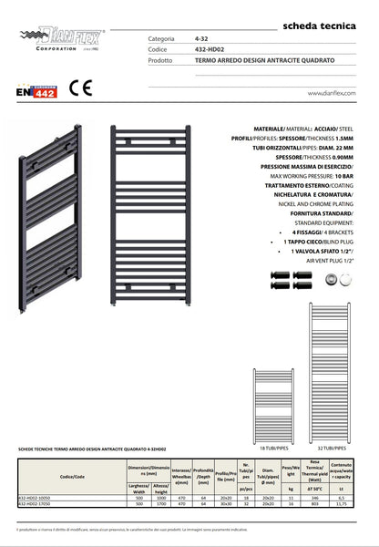 Termoarredo Design Antracite Tubi Quadrati H 1000xInt. 470 mm Aton