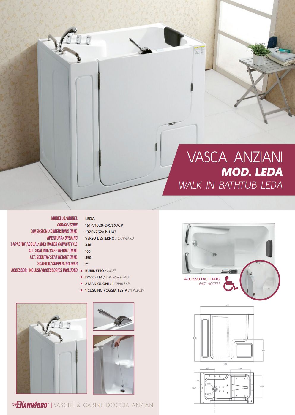 Vasca per anziani Mod.Leda Dx