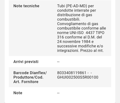 Tubo in polietilene per Gas dm.25