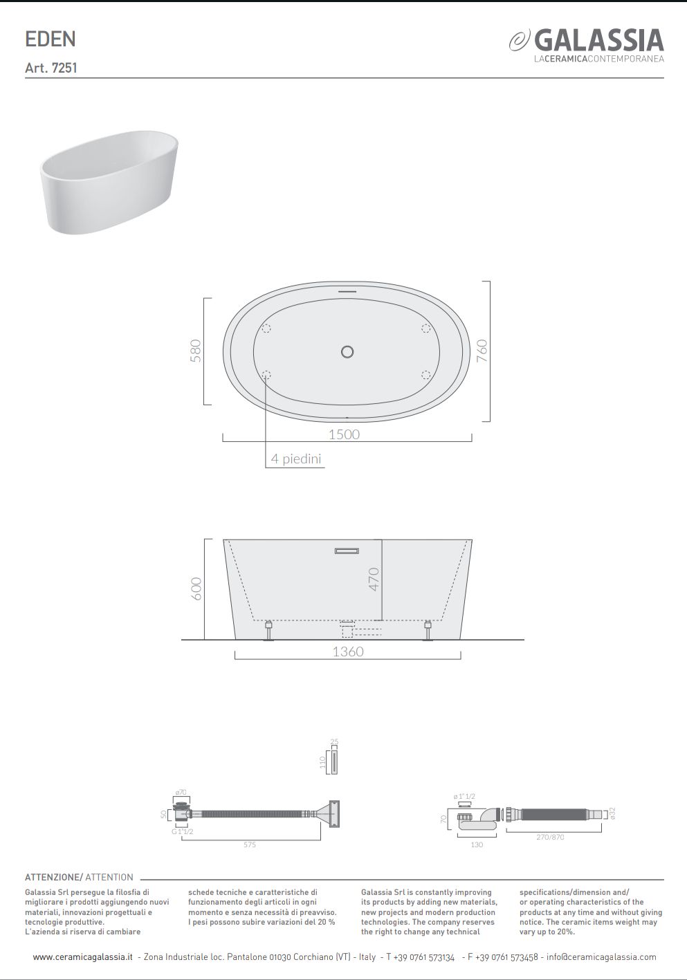 Vasca Eden 150x76x60 Bianco Galassia