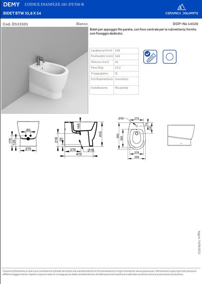 Bidet Filo Muro BTW Demy Dolomite