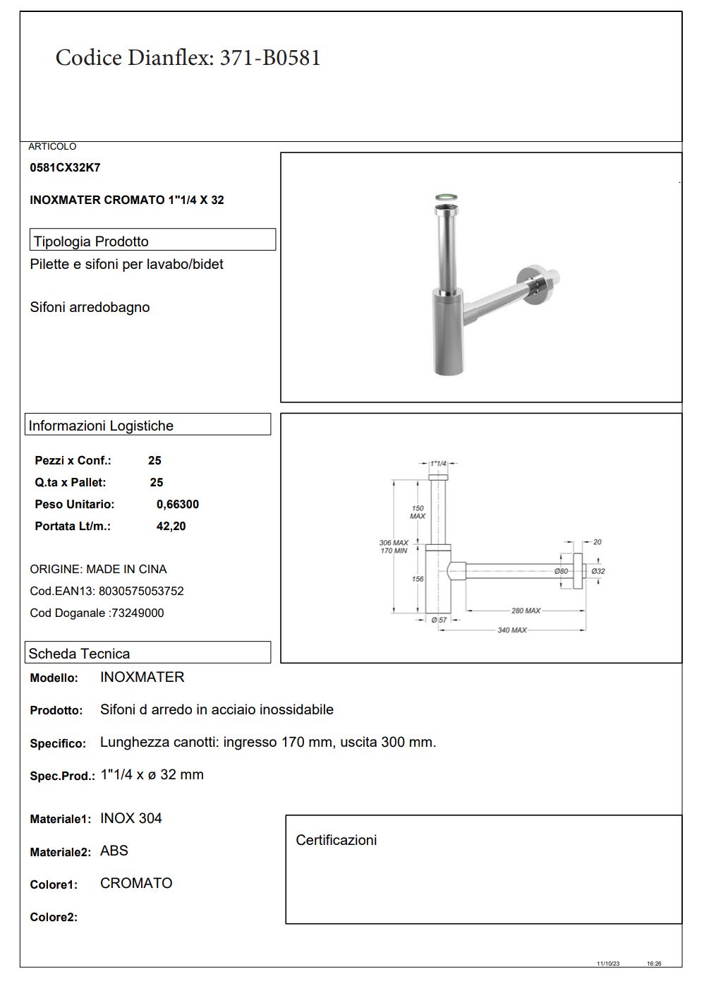 Sifone 1"1/4 Nero Opaco Bonomini