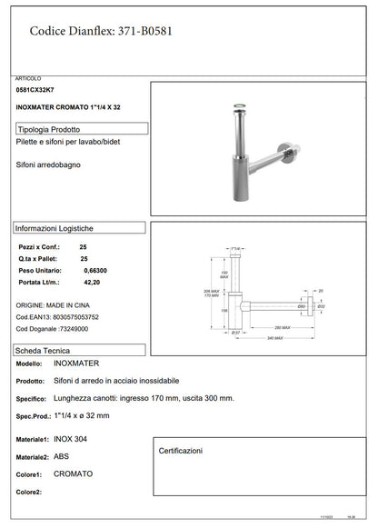 Sifone 1"1/4 Nero Opaco Bonomini