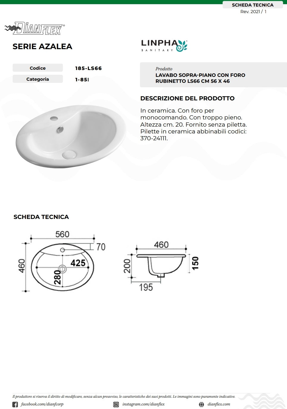 Lavabo Soprapiano Bianco CM 56x46 Linpha