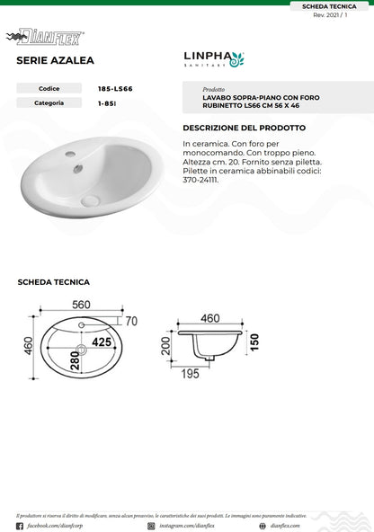 Lavabo Soprapiano Bianco CM 56x46 Linpha