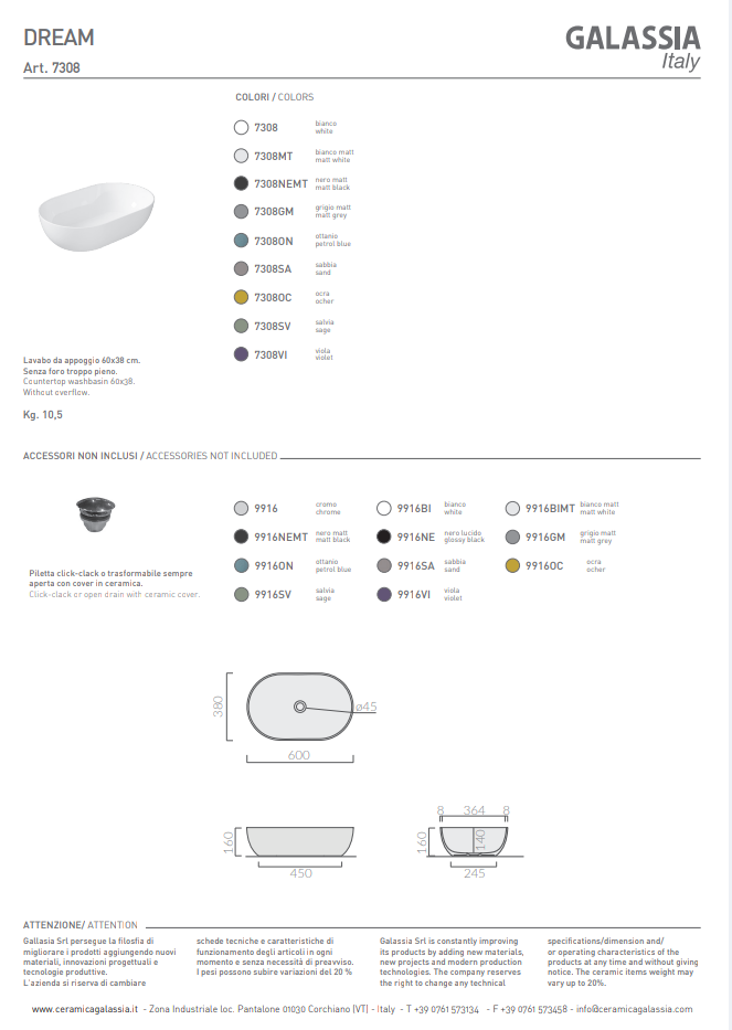 Dream Lavabo appoggio ovale cm.60 H16 B.co Galassia