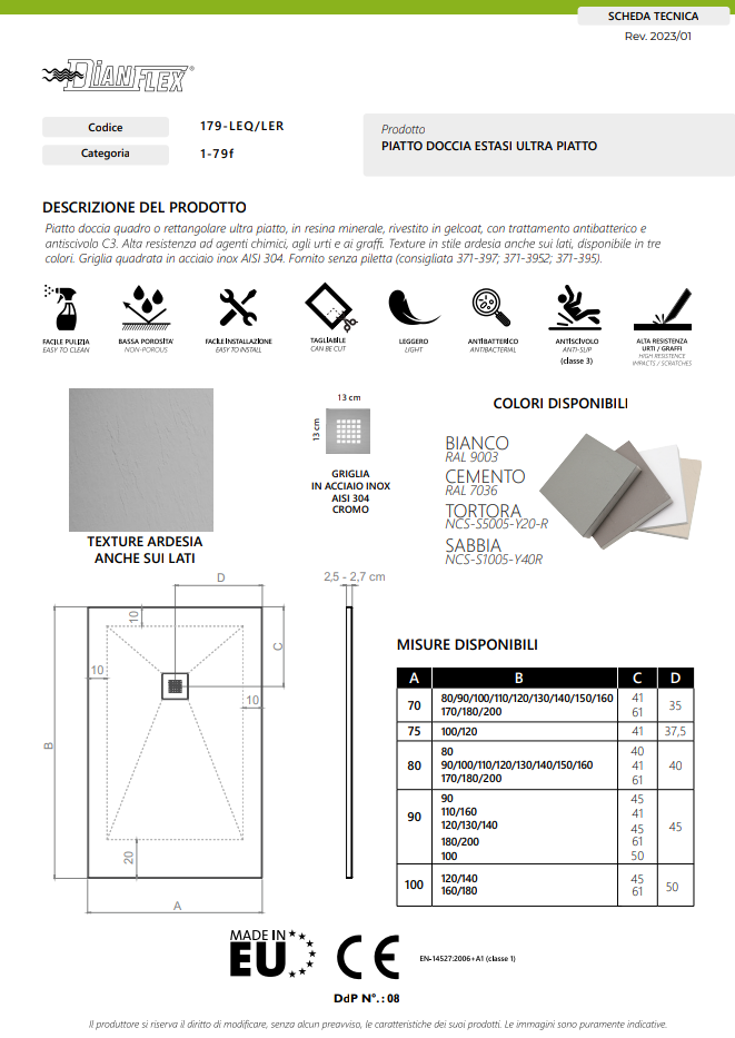 Piatto Doccia 80X160 Bianco Mod. Estasi