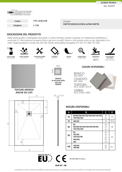 Piatto Doccia 80X130 Bianco Mod. Estasi