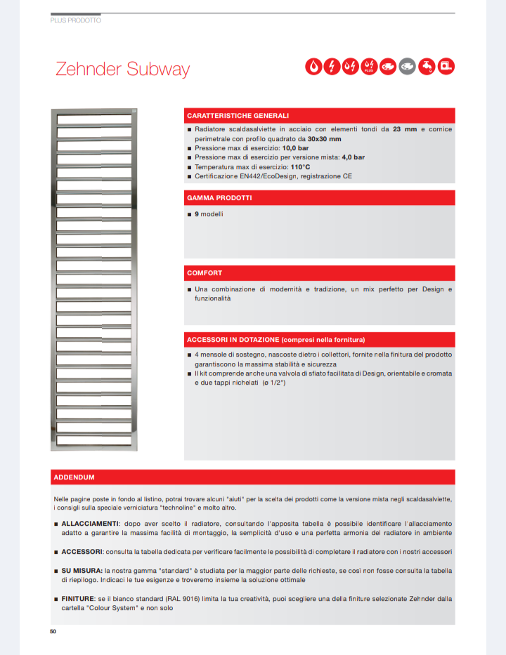 Termoarredo Zehnder Subway H.1261 Cm.45 Bianco