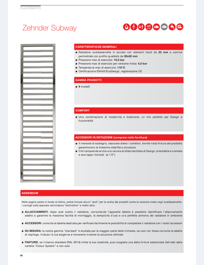 Termoarredo Zehnder Subway H.1261 Cm.45 Bianco