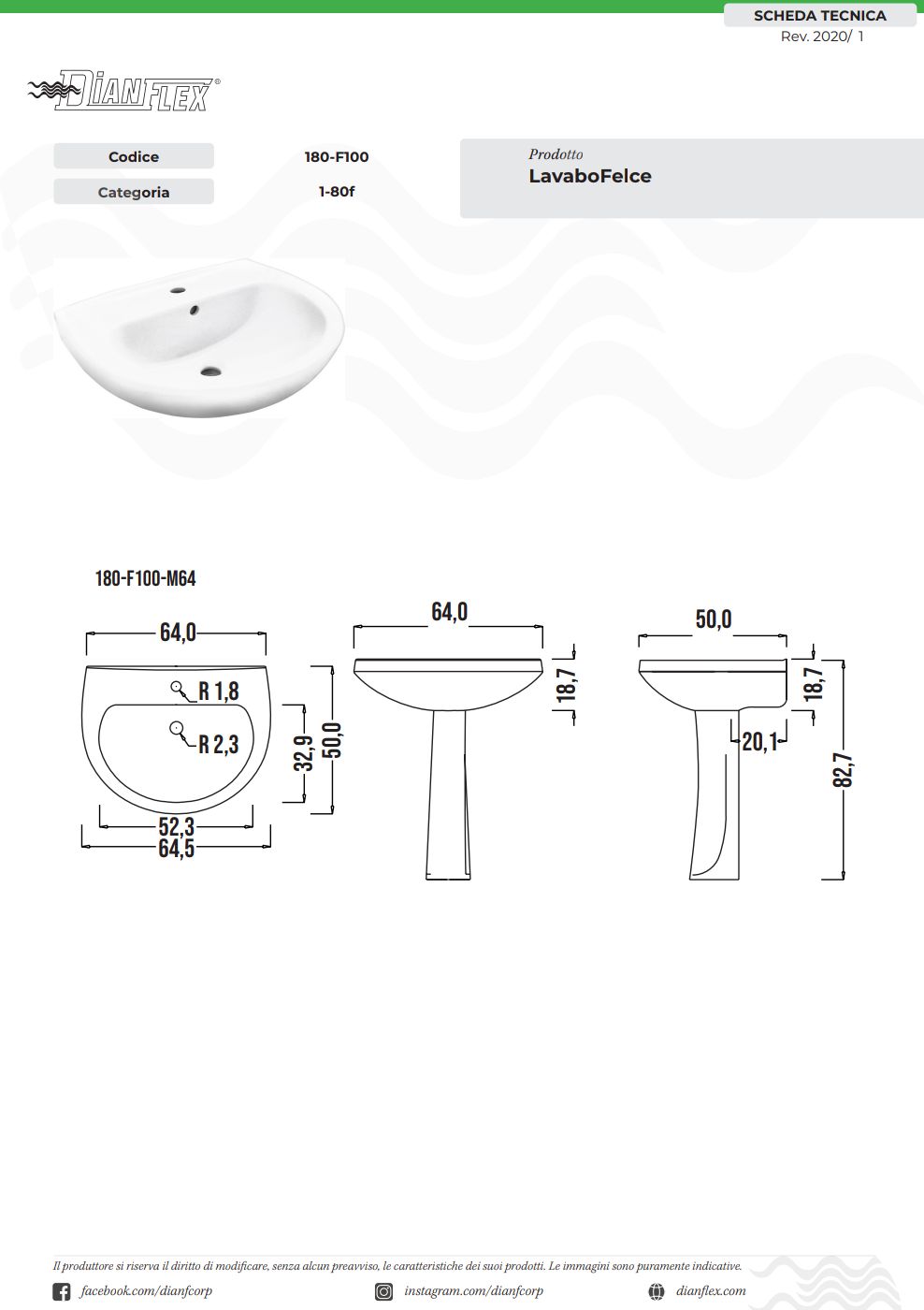 Lavabo Felce Cm.60 Monoforo