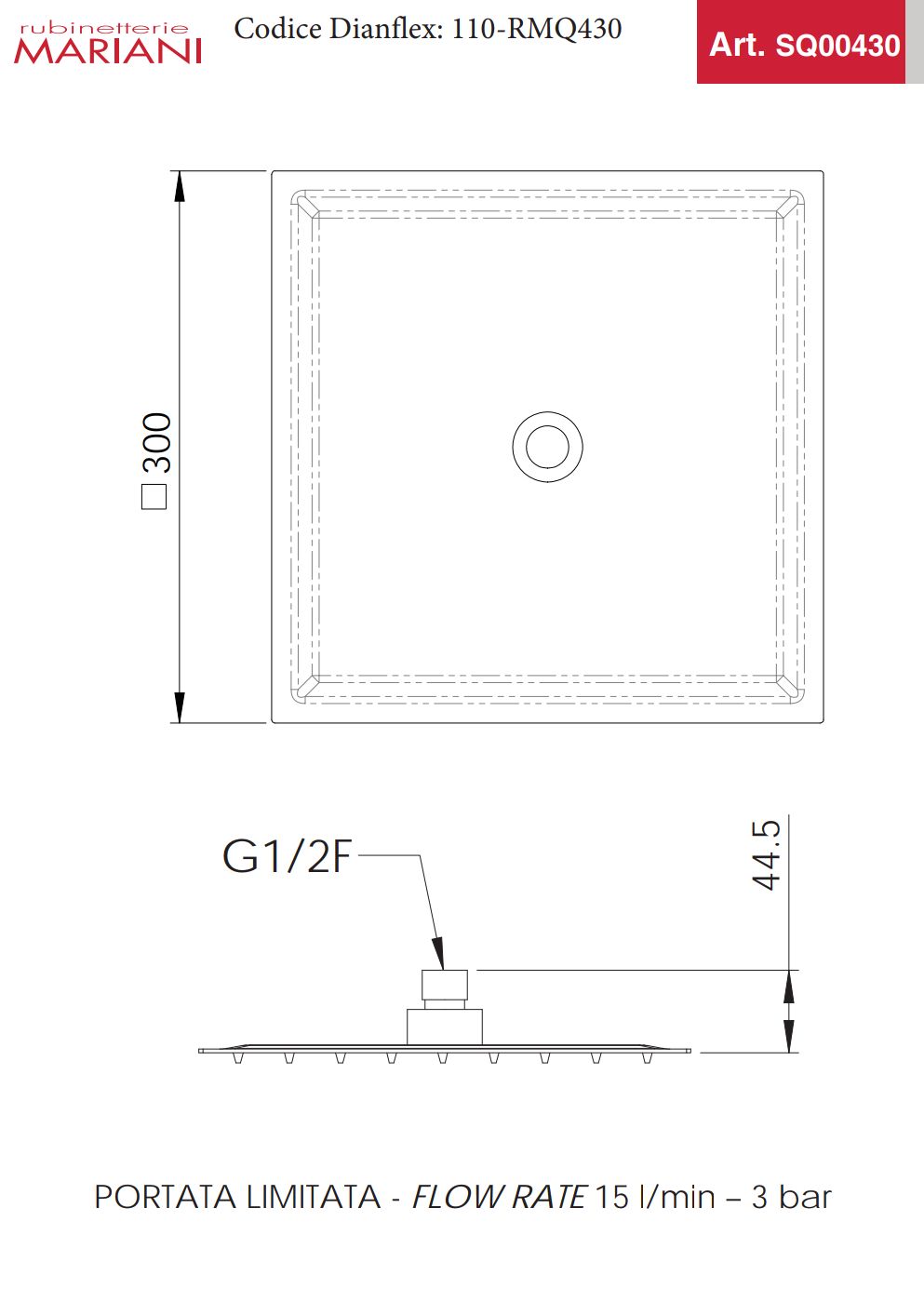 Soffione Doccia Quadro 30X30 Cromo Mariani