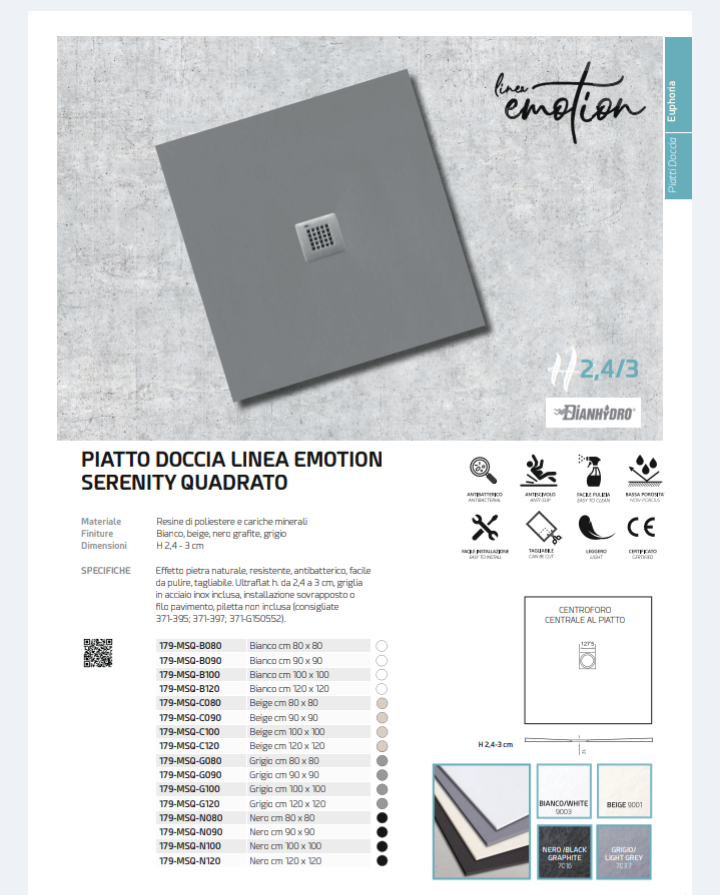 Piatto doccia 90x90 Linea Emotion Mod.Serenity quadrato bianco 9003