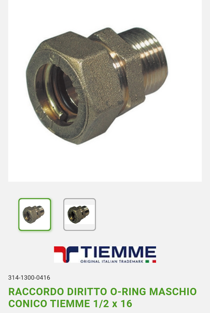 Raccordo Diritto M 1/2x16 O-Ring Tiemme