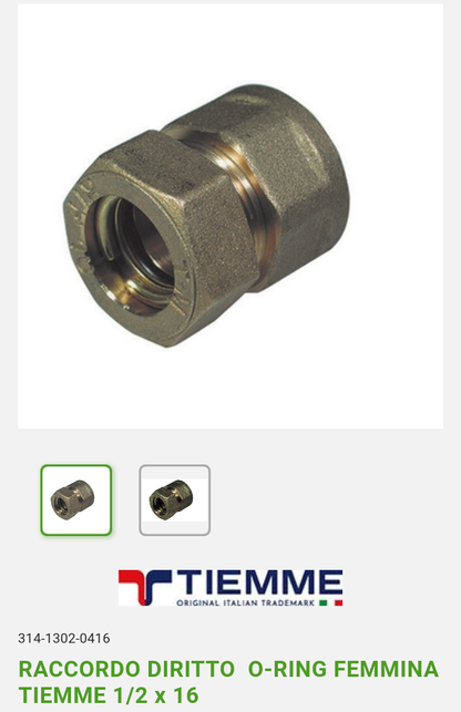 Raccordo Diritto F 1/2x16 O-Ring Tiemme