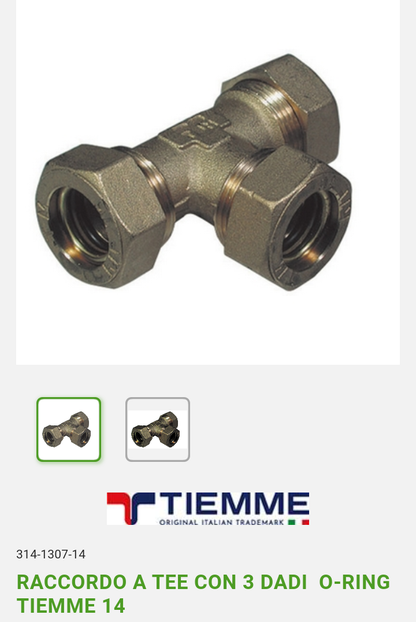 Raccordo 14 a Tee  con 3 dadi O-Ring Tiemme
