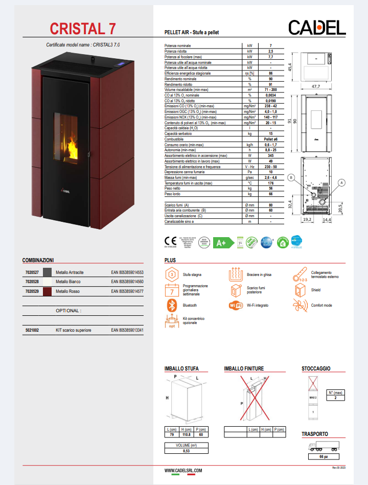 Stufa a Pellet Ventilata Cristal  7 UP T2 Bianco Cadel