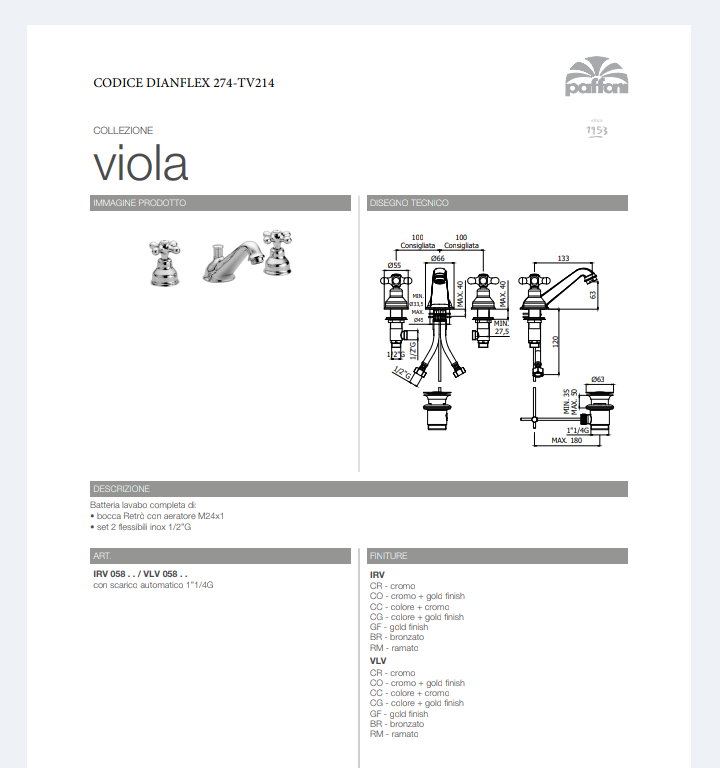 Batteria lavabo serie Viola 3 fori Cromo Paffoni