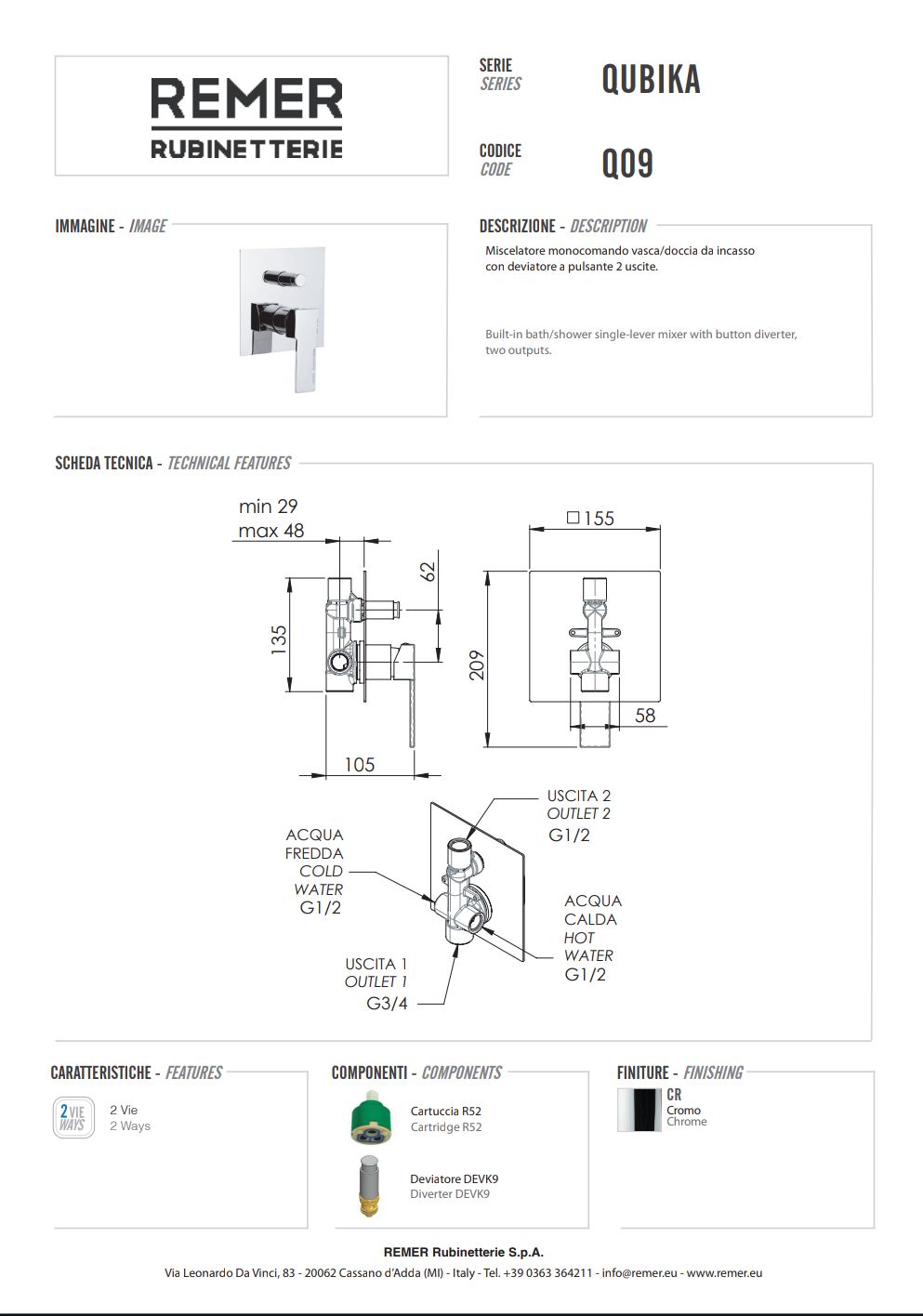 Qubika Miscelatore Doccia Con Deviatore Cromo Remer