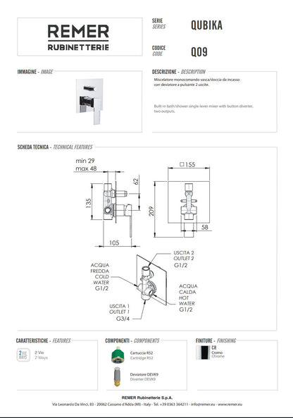 Qubika Miscelatore Doccia Con Deviatore Cromo Remer
