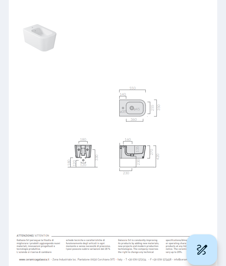 Meg11 Pro Bidet Sospeso cm55 Bianco Matto Galassia