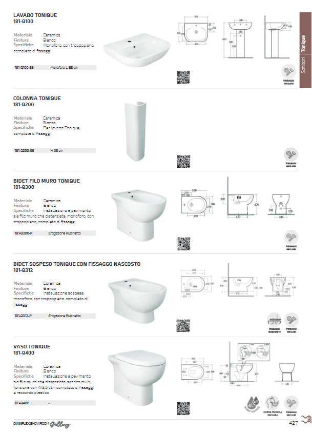 Lavabo Tonique Monoforo L. 55 cm