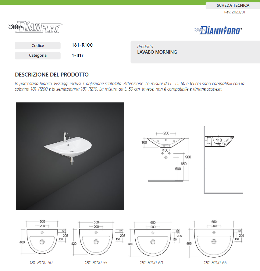 Lavabo monoforo Morning Rak L. 50 cm