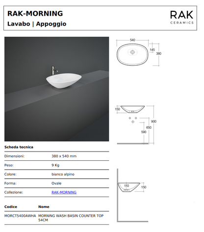 Lavabo d'appoggio Morning Rak 38x54 cm