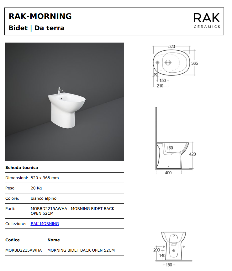 Bidet Morning Rak erogazione rubinetto