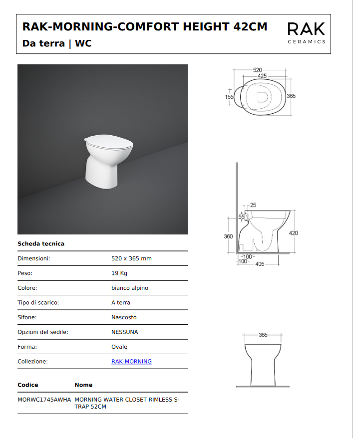 Vaso scarico pavimento Rimless Morning Rak