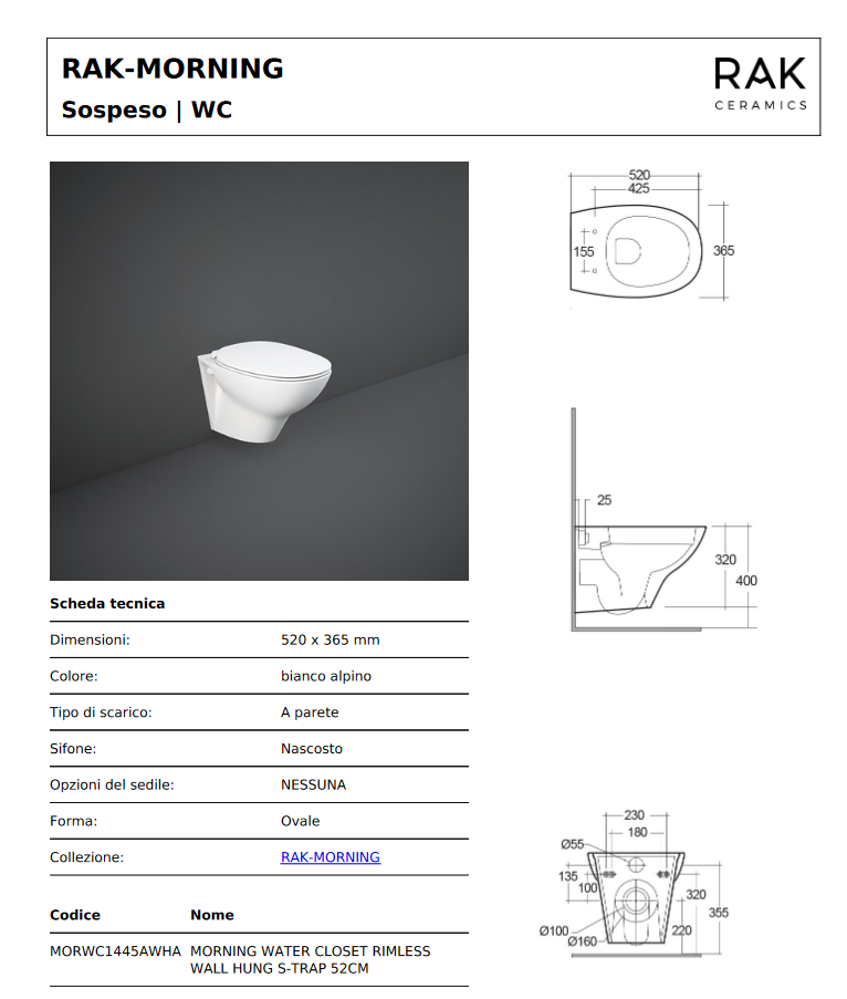 Vaso Sospeso Rimless Morning Rak