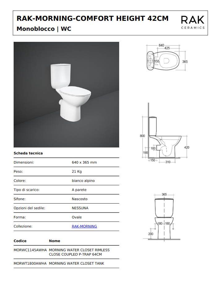 Vaso monoblocco Rimless Morning Rak scarico a muro