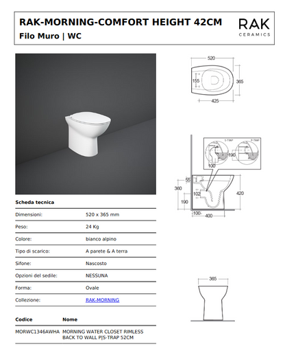 Vaso filomuro Rimless Morning Rak scarico universale