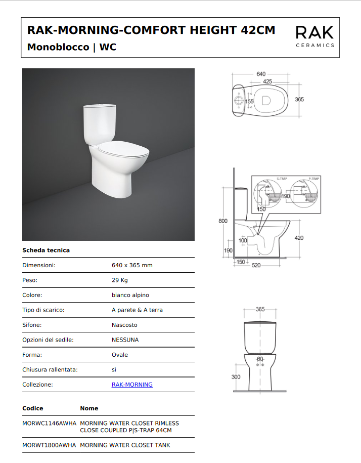 Vaso monoblocco filomuro Rimless Morning Rak scarico universale