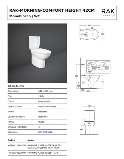 Vaso monoblocco filomuro Rimless Morning Rak scarico universale