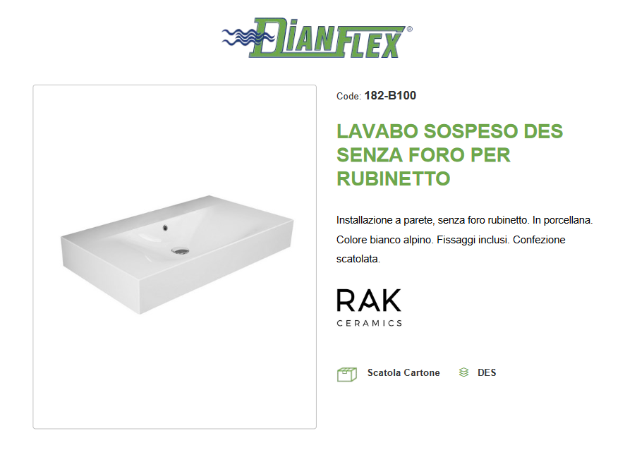 Lavabo sospeso senza foro per rubinetto L.80 cm Des Rak