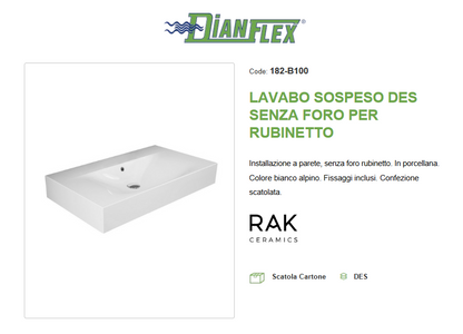 Lavabo sospeso senza foro per rubinetto L.80 cm Des Rak