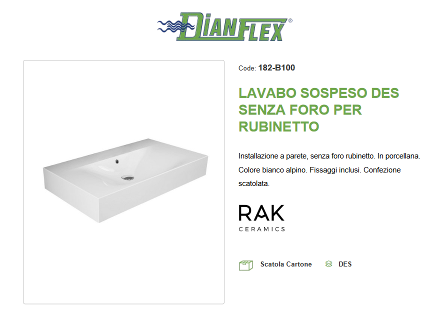 Lavabo sospeso senza foro per rubinetto L. 100 cm Des Rak