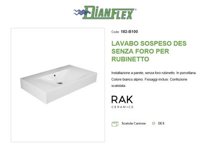 Lavabo sospeso senza foro per rubinetto L. 100 cm Des Rak