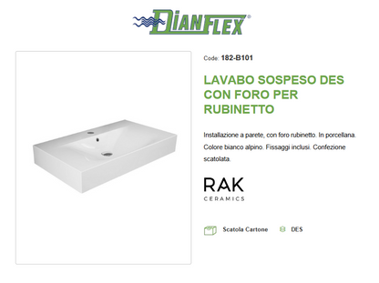 Lavabo sospeso con foro per rubinetto monoforo L. 80 cm Des Rak