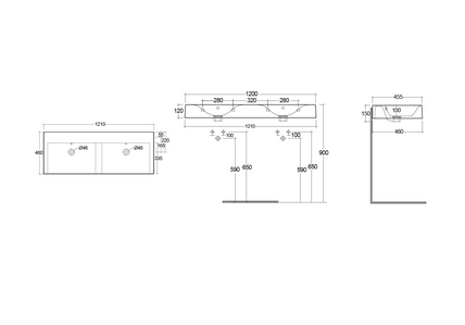 Doppio lavabo sospeso senza foro per rubinetto Des Rak L. 120 cm