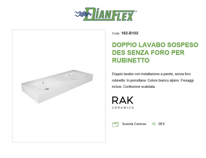 Doppio lavabo sospeso senza foro per rubinetto Des Rak L. 120 cm