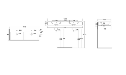 Doppio lavabo sospeso con foro per rubinetto Des Rak L. 120 cm