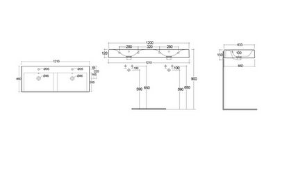 Doppio lavabo sospeso con foro per rubinetto Des Rak L. 120 cm