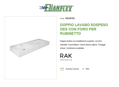 Doppio lavabo sospeso con foro per rubinetto Des Rak L. 120 cm