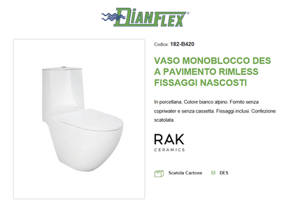 Vaso monoblocco a pavimento Rimless fissaggi nascosti Des Rak