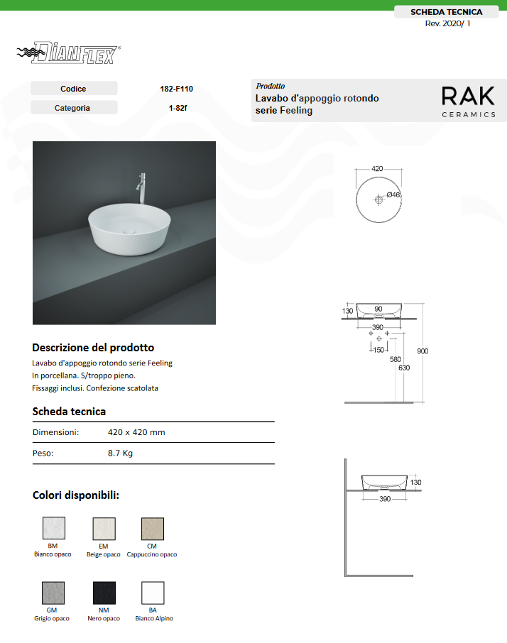 Lavabo da appoggio tondo bianco alpino Rak Feeling